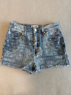 PTCL Ethical Clothing Light Blue Paisley Denim Cutoff Shorts